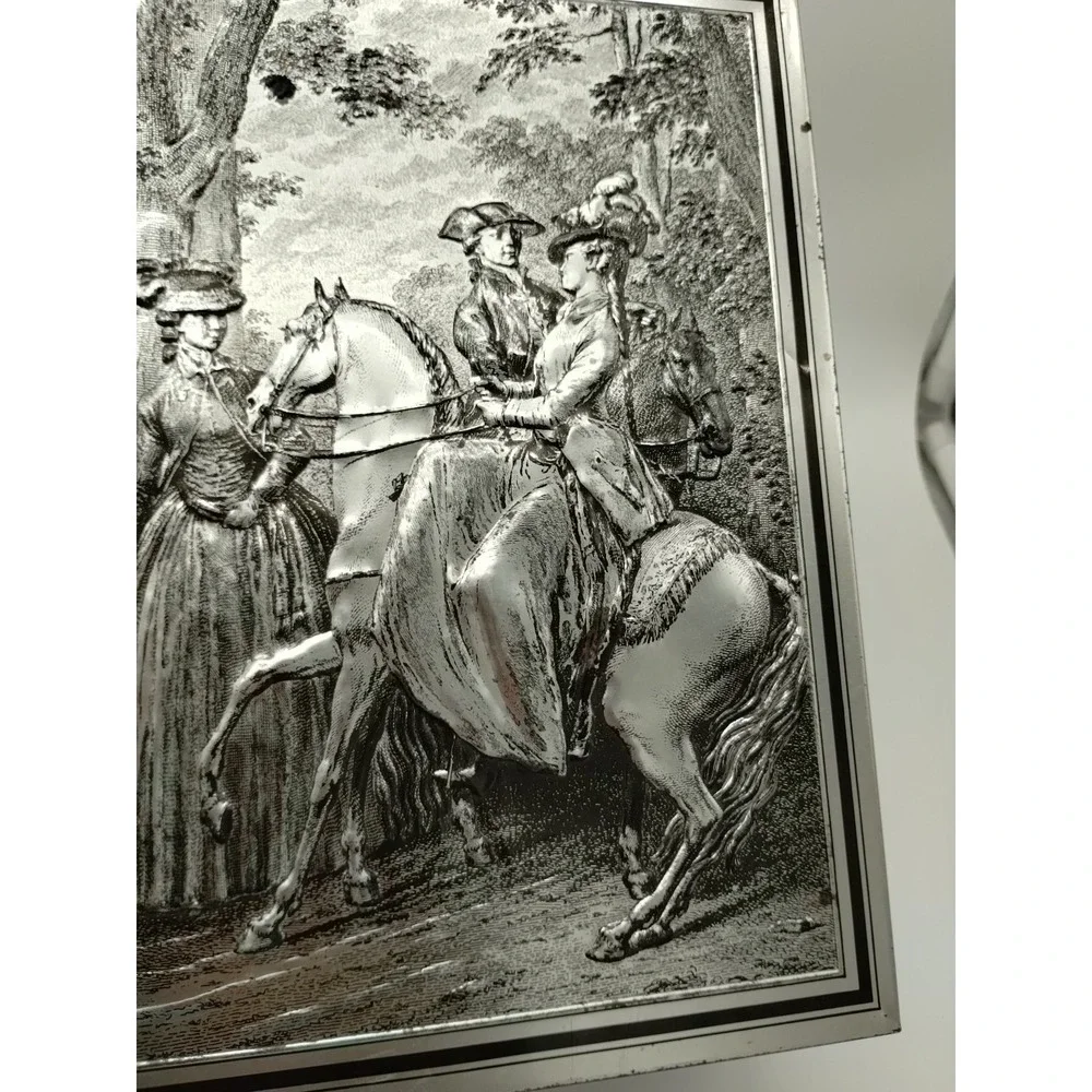 Vintage Biscuit Tin Box Embossed Colonial Equestrian Forest Theme Silver Toned